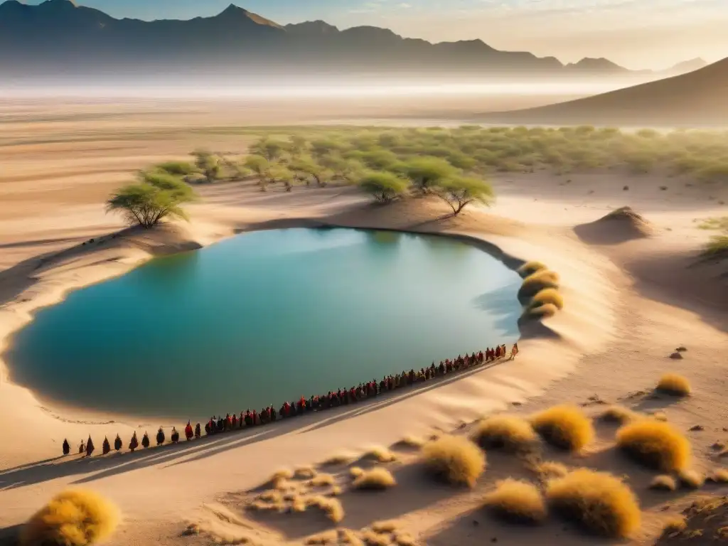 Una tribu indígena en la estepa, usando tácticas de supervivencia para extraer agua de un oasis