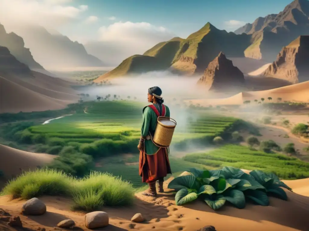 Tribu nómada practicando agricultura sustentable en oasis verde