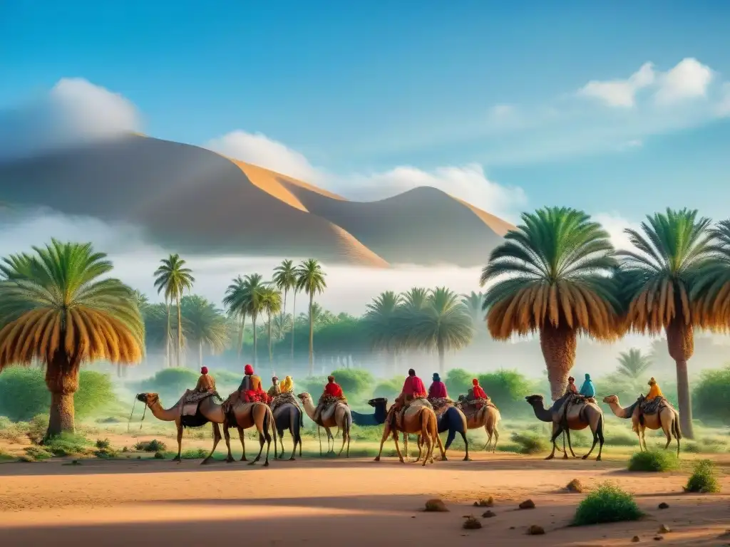 Tribu nómada practicando agricultura sustentable en oasis vibrante