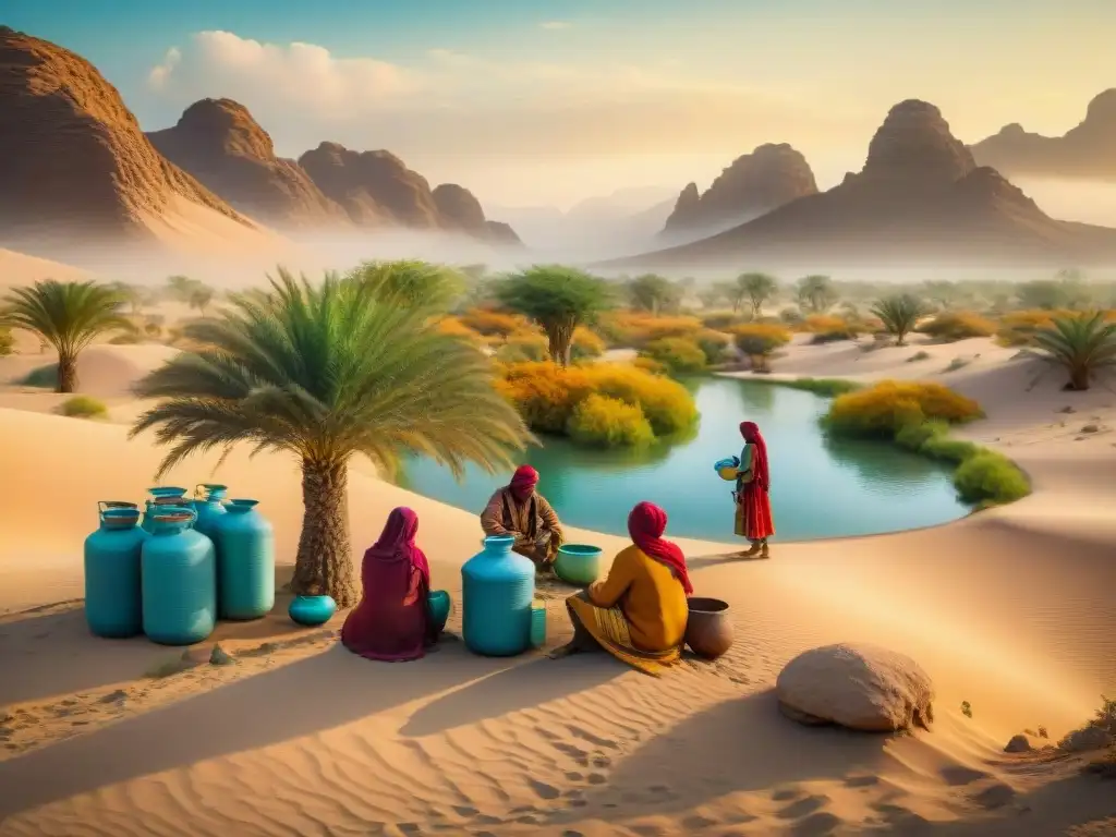 Tribu nómada preservando agua en oasis del desierto, mostrando comunidad y técnicas tradicionales