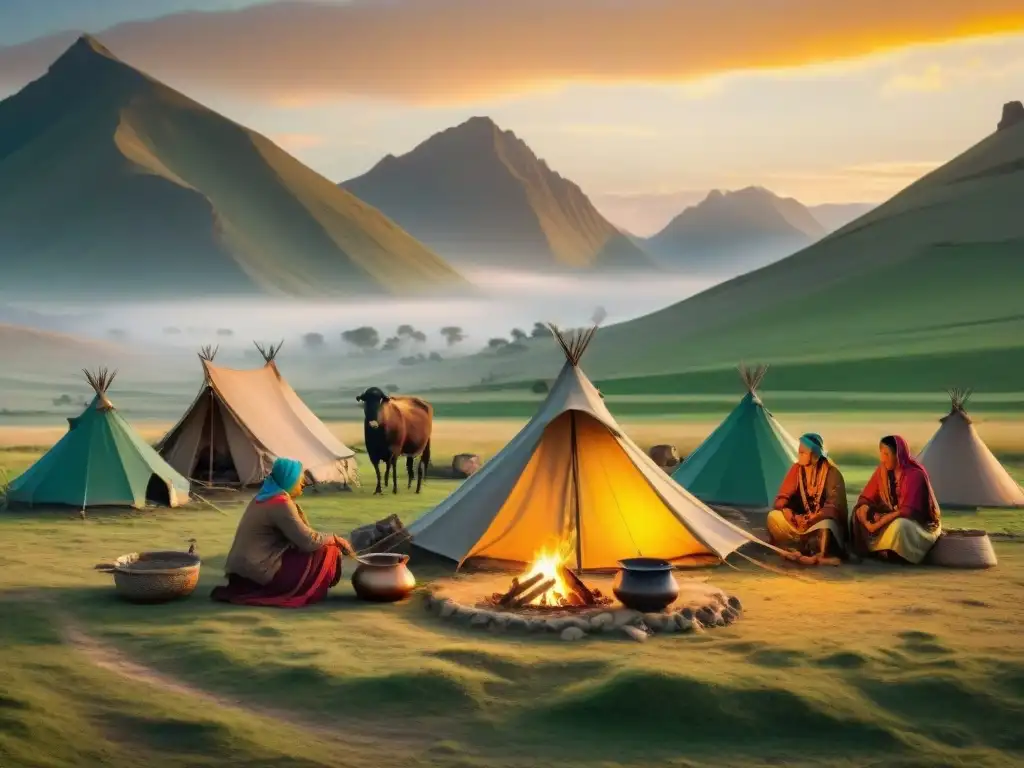 Campamento tradicional de tribu nómada en estepas doradas al atardecer Una tribu nómada prepara alimentos con técnicas culinarias ancestrales en las estepas doradas al atardecer