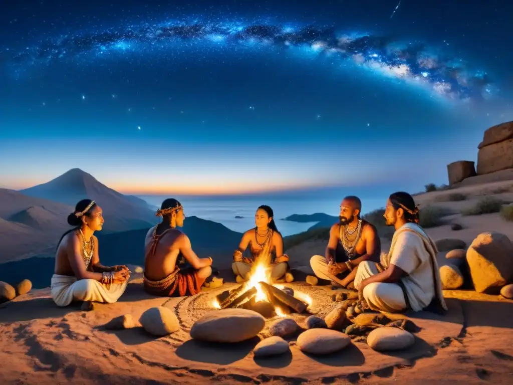 Un tribu nómada ancestral se reúne alrededor del fuego, con símbolos y poesía en la noche estrellada