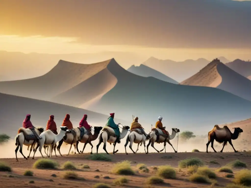 Tribu nómada guiando animales al atardecer en un paisaje árido