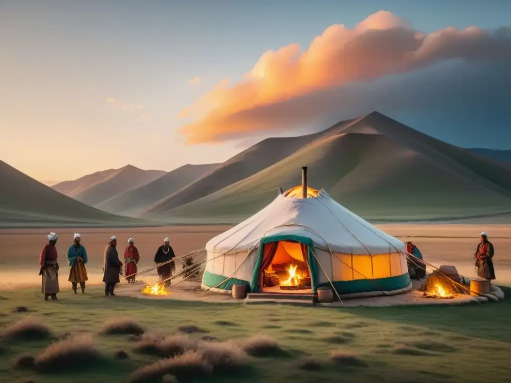 Una tribu nómada construye un yurta en la estepa, mostrando su arquitectura adaptativa