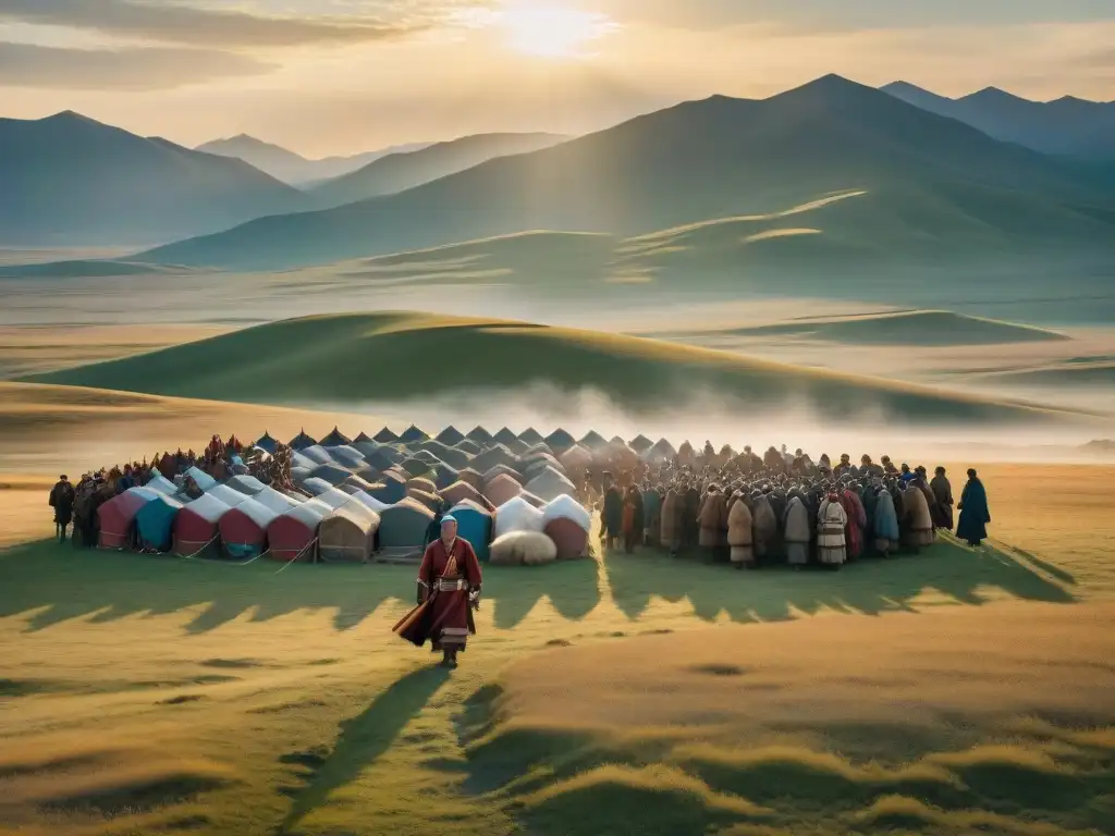 Una tribu nómada se reúne al atardecer en las estepas de Mongolia, luciendo vestuario tradicional nómada significado