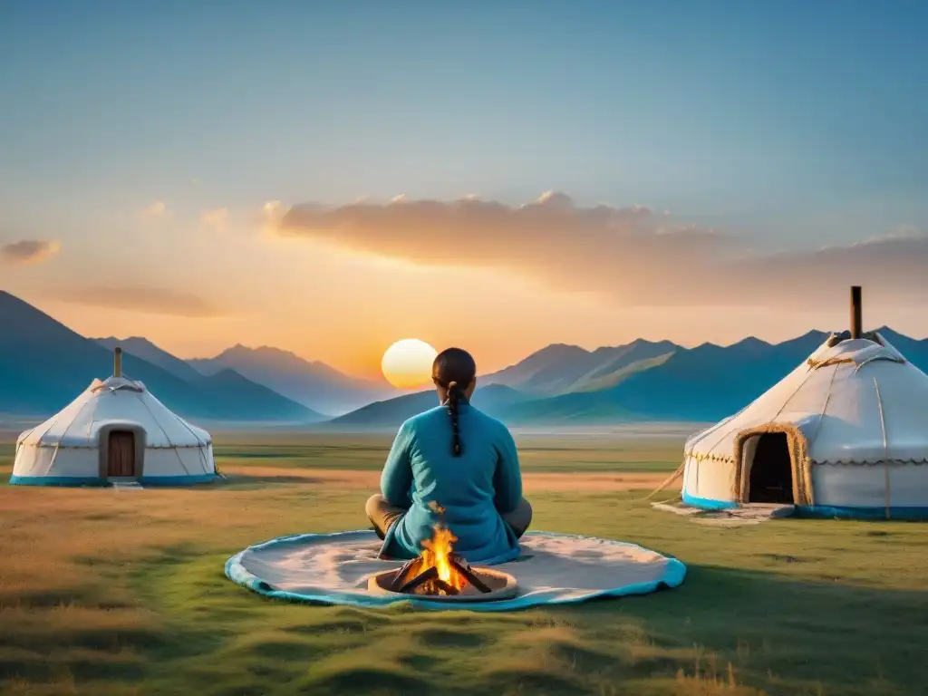 Tribu nómada en la estepa, meditación al atardecer