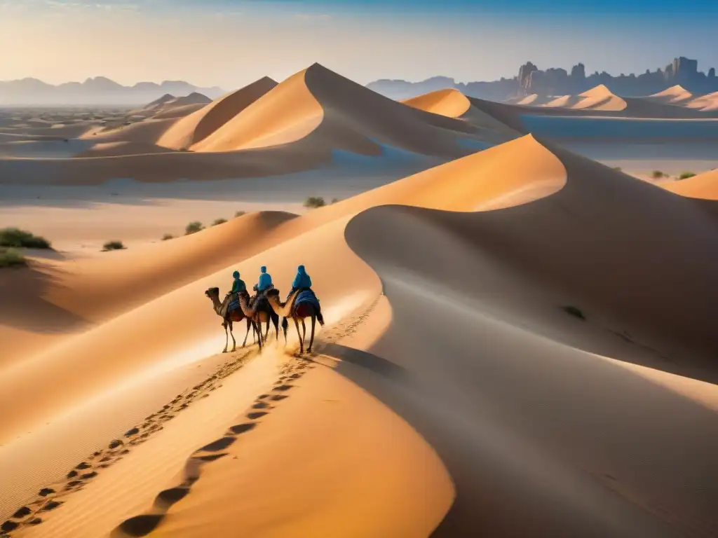 Una tribu nómada en camellos atraviesa un desierto dorado bajo un sol ardiente