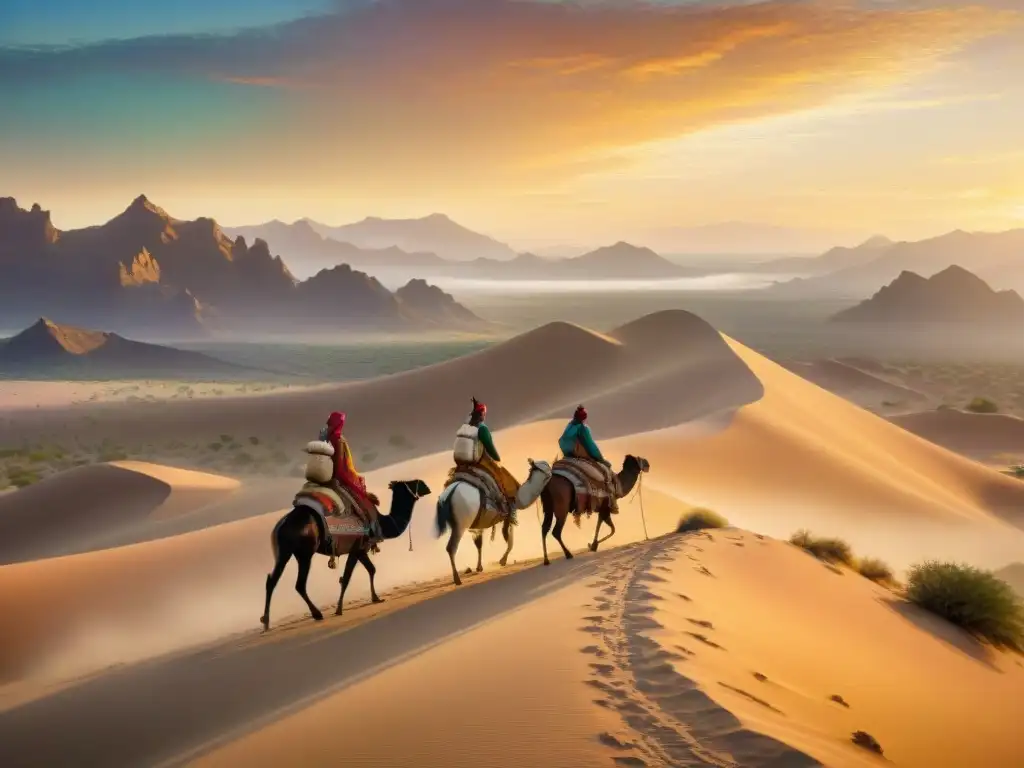 Tribu nómada viajando en camellos por el desierto al atardecer