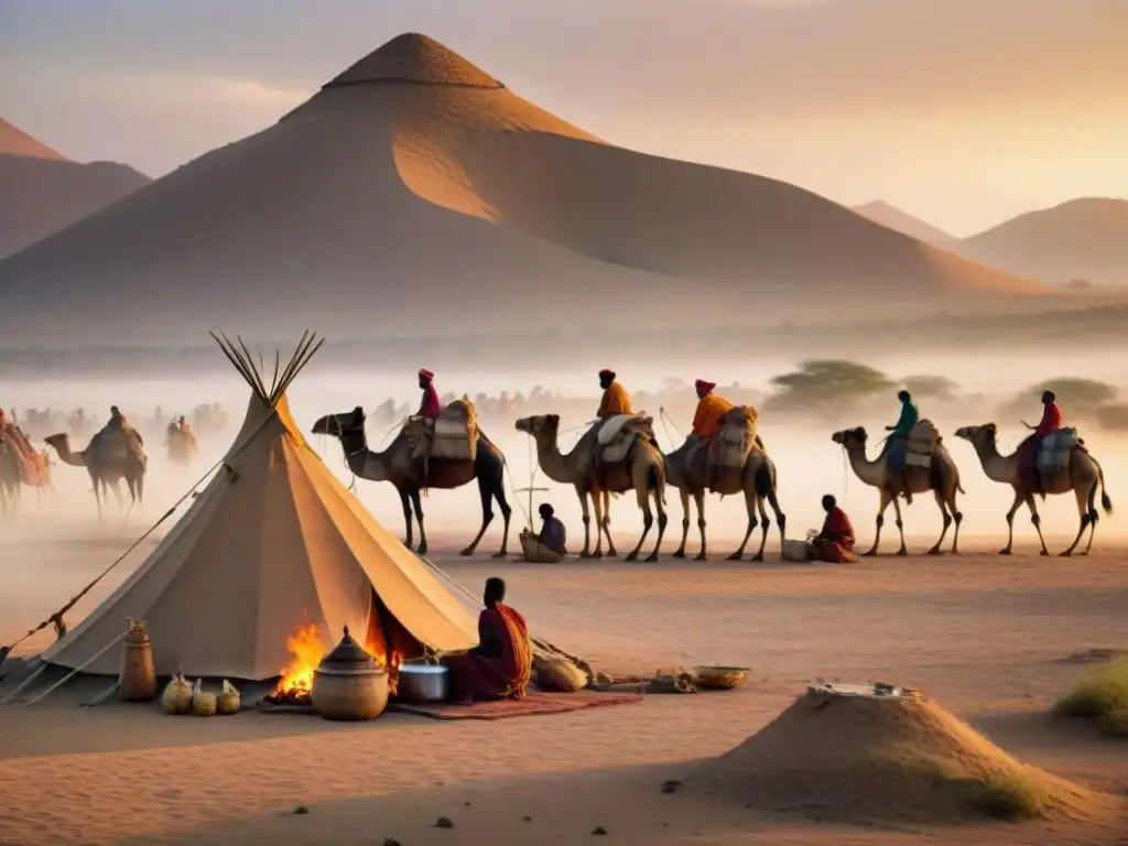 Una tribu nómada despliega su campamento al atardecer en la sabana dorada