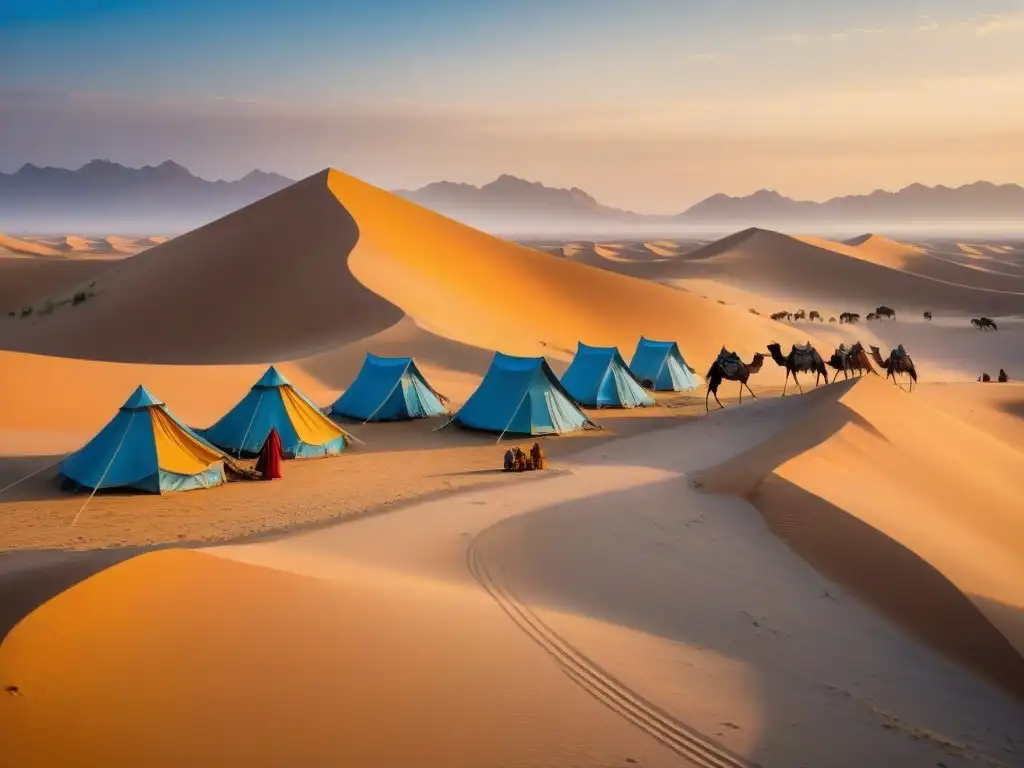 Una tribu nómada levanta un campamento en el desierto, reflejando la comunidad y tradición