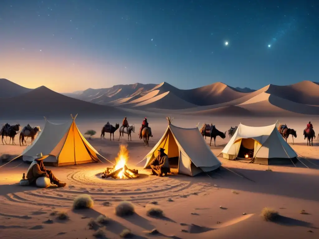 Una tribu nómada construye un campamento en el desierto bajo un cielo estrellado, destacando la estrategia en la cultura nómada