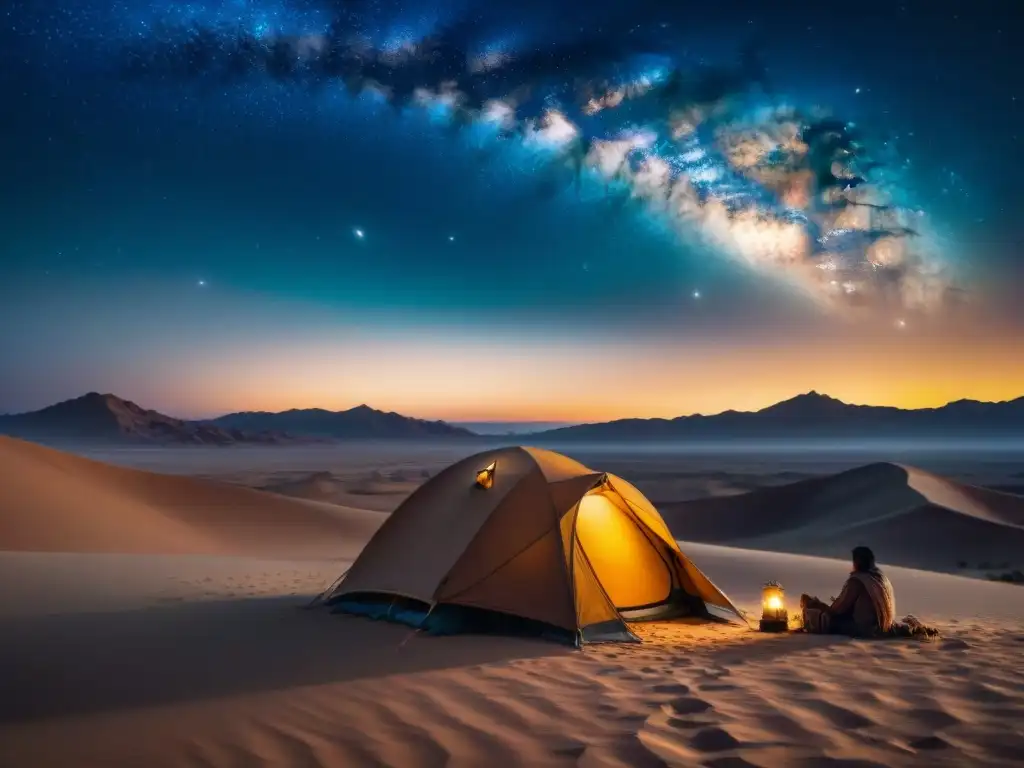 Una tribu nómada monta campamento en el desierto bajo un cielo estrellado con la Vía Láctea