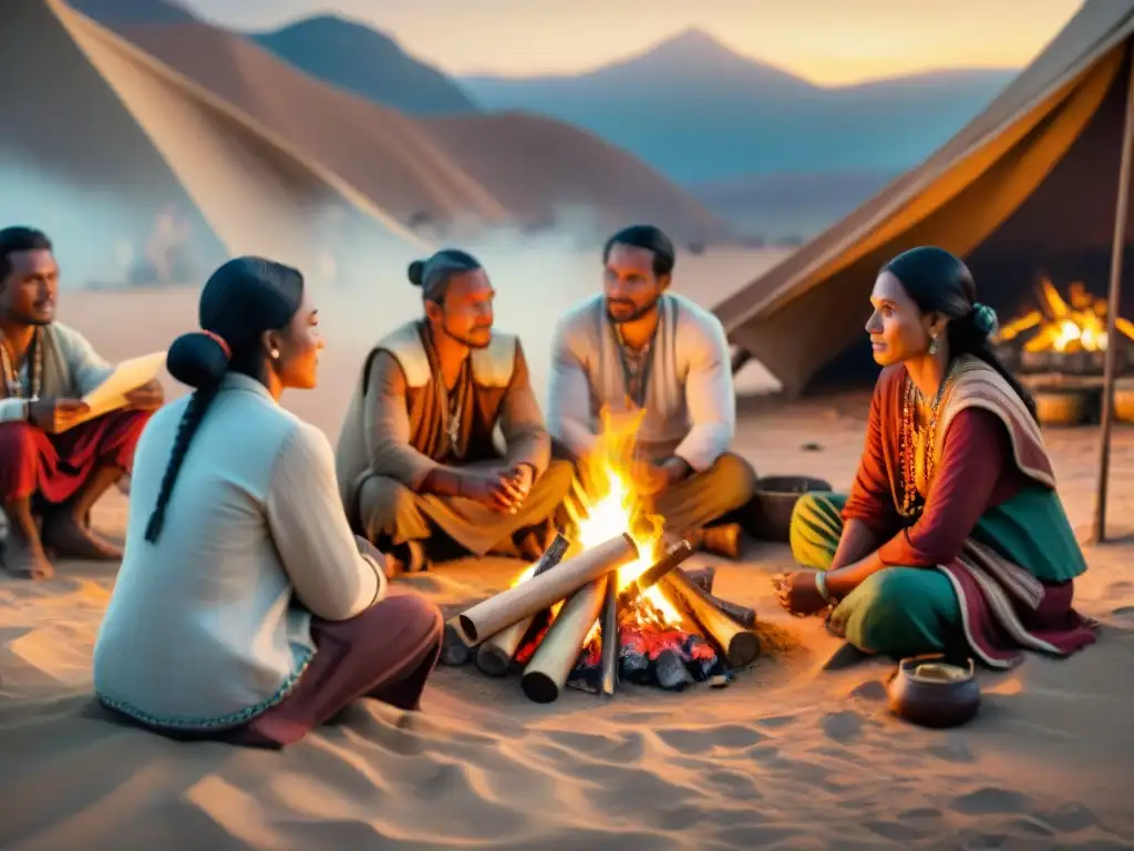 Tribu nómada en campamento, intercambiando escritos alrededor de fogata