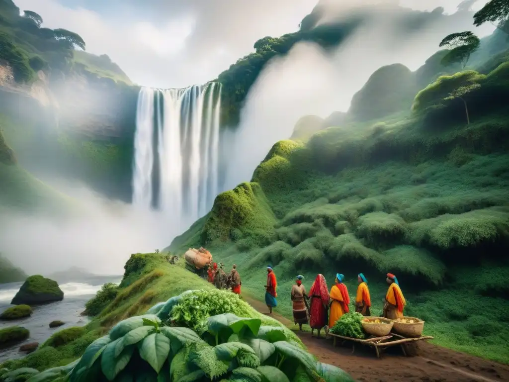 Tribu nómada en campamento, conexión con la naturaleza, niños jugando cerca de cascada