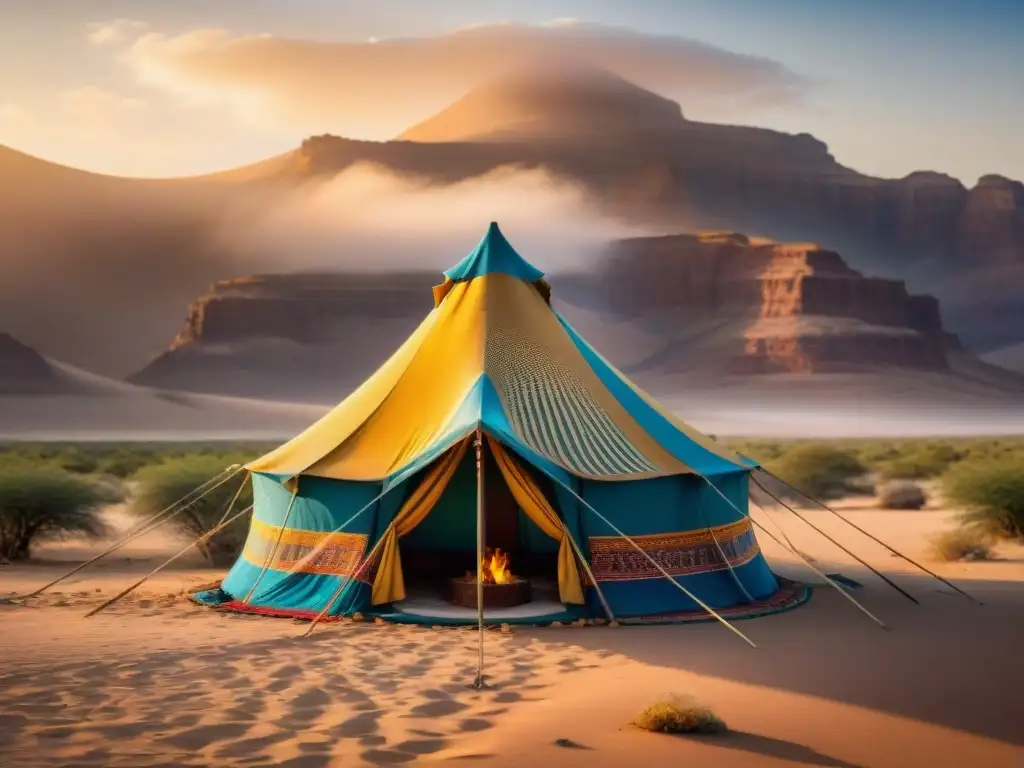 Tribu nómada: carpa tradicional colorida en desierto dorado al atardecer