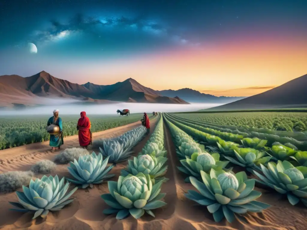 Una tribu nómada trabajando en armonía bajo un cielo estrellado, utilizando técnicas agrícolas tradicionales