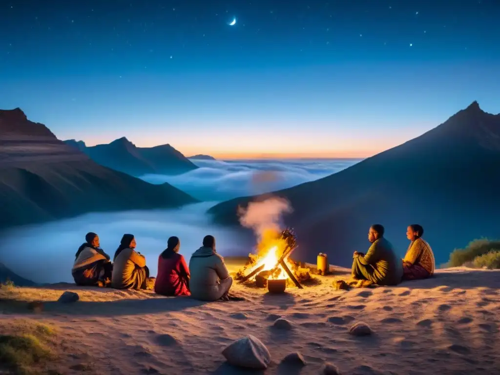 Tribu nómada bajo un cielo estrellado y cálido resplandor de fogata, en una fotografía de larga exposición evocadora