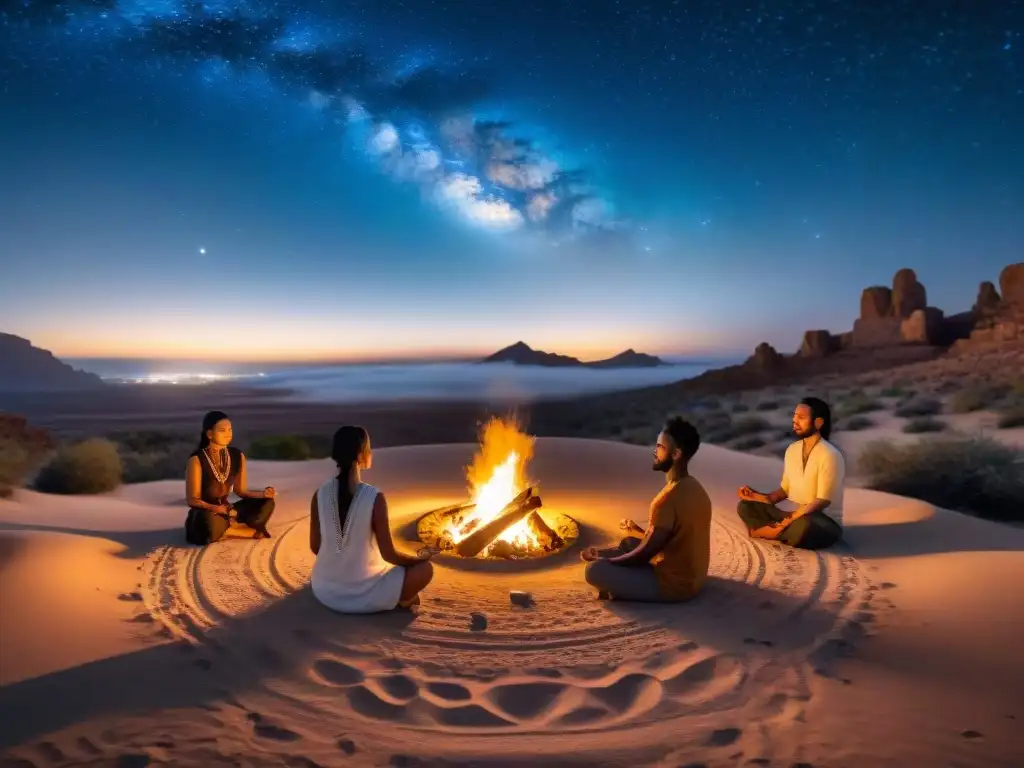 Tribu nómada en meditación bajo el cielo estrellado en el desierto, transmitiendo calma y sabiduría ancestral para gestionar ansiedad