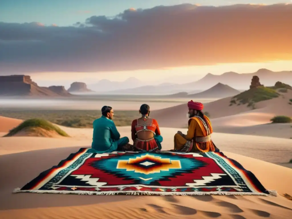 Una tribu nómada se reúne alrededor de una colorida alfombra en el desierto al atardecer