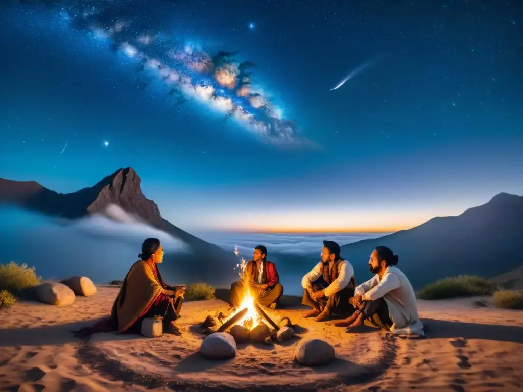 Tribu nómada admira cometa en noche estrellada