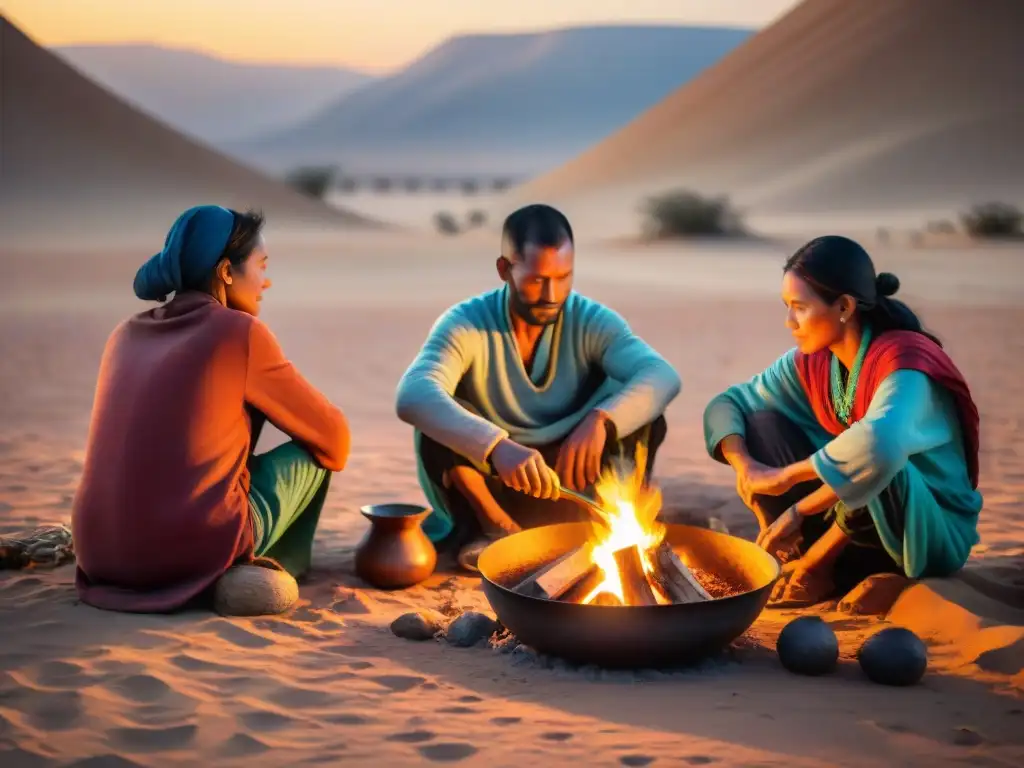 Tribu nómada preparando comida en el desierto al atardecer, destacando las técnicas de cocina de tribus nómadas