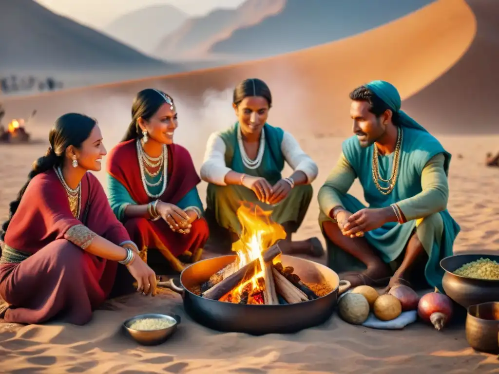 Una tribu nómada compartiendo una comida alrededor de una fogata en el desierto, mostrando la influencia de la gastronomía nómada en la cocina mundial