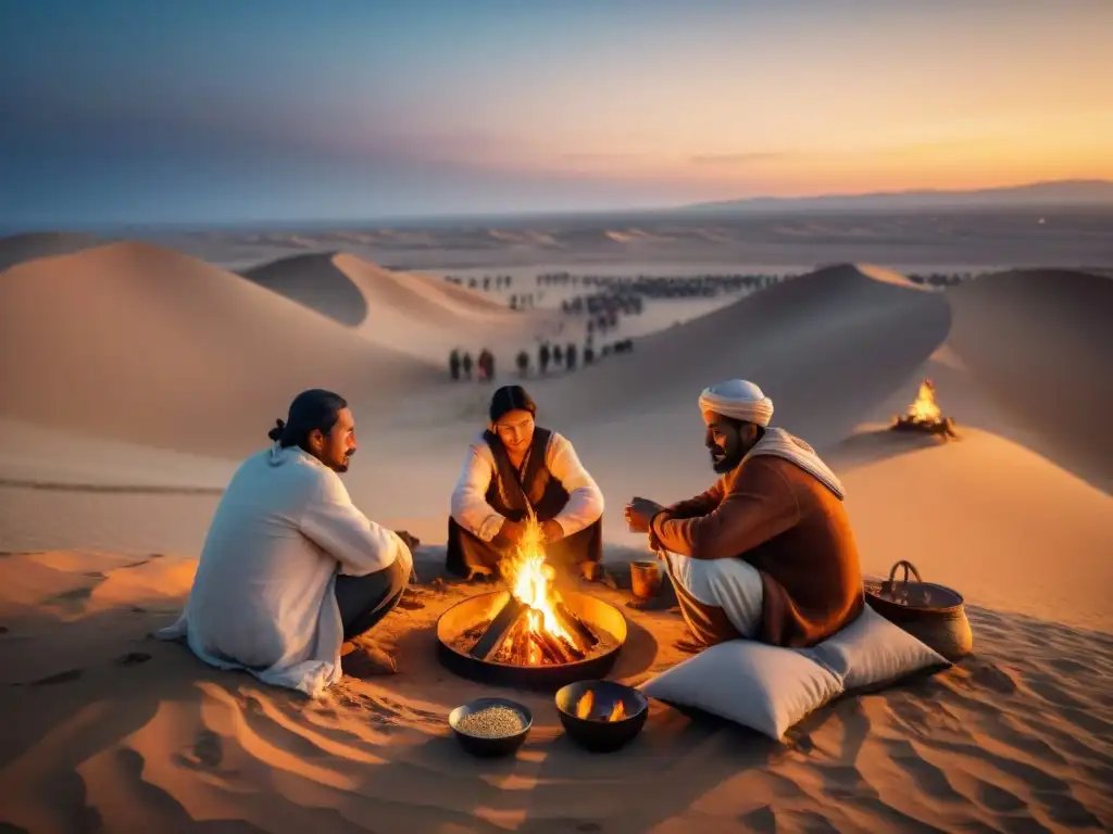 Una tribu nómada prepara una comida alrededor del fuego en el desierto, mostrando antiguas técnicas culinarias