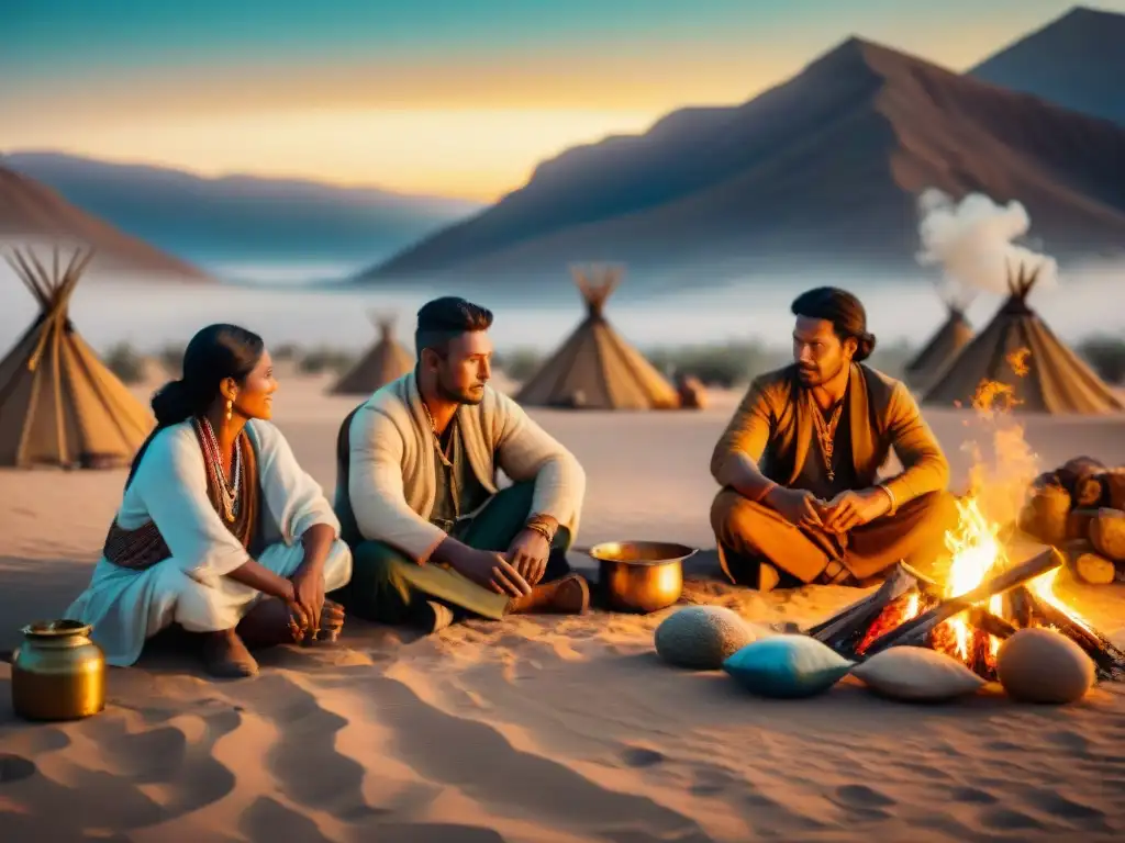 Una tribu nómada preparando una comida tradicional alrededor del fuego en el desierto