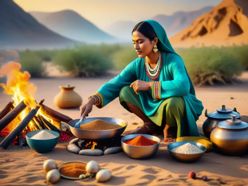 Una tribu nómada preparando una comida tradicional en el desierto, con influencia en la gastronomía mundial