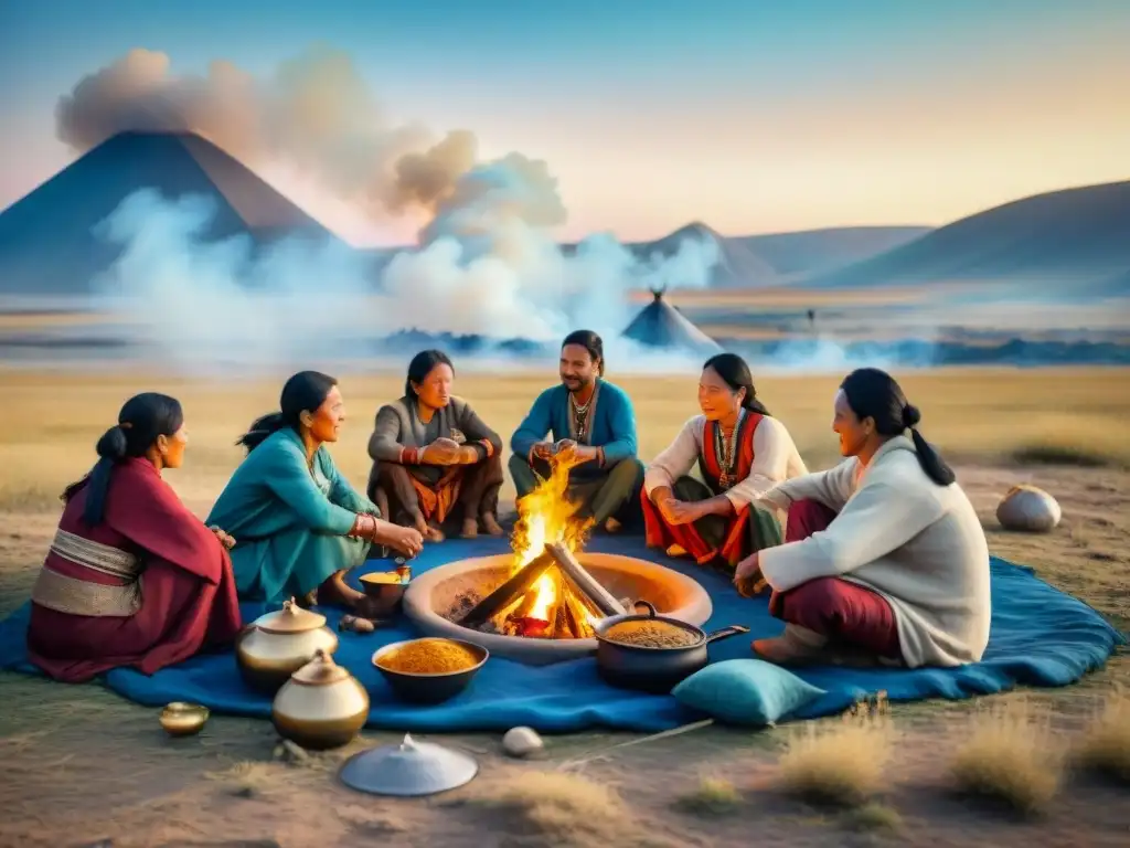 Una tribu nómada preparando comidas tradicionales alrededor de una fogata en las estepas