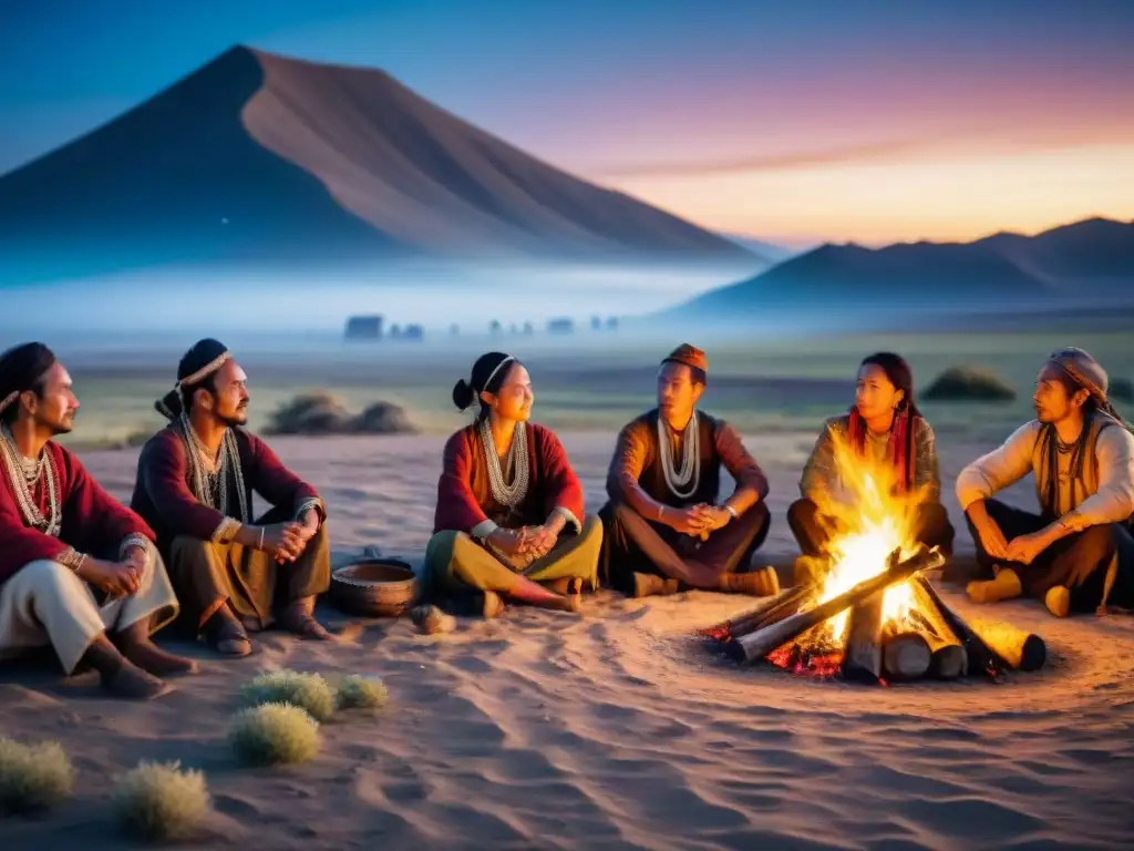 Una tribu nómada danza alrededor de una fogata bajo el cielo estrellado de la estepa, en una expresión de música y danza tribal