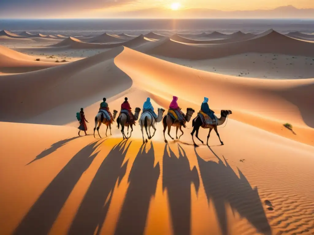 Una tribu nómada atraviesa un desierto árido con camellos y perros, revelando su historia y conexión con la tierra al atardecer