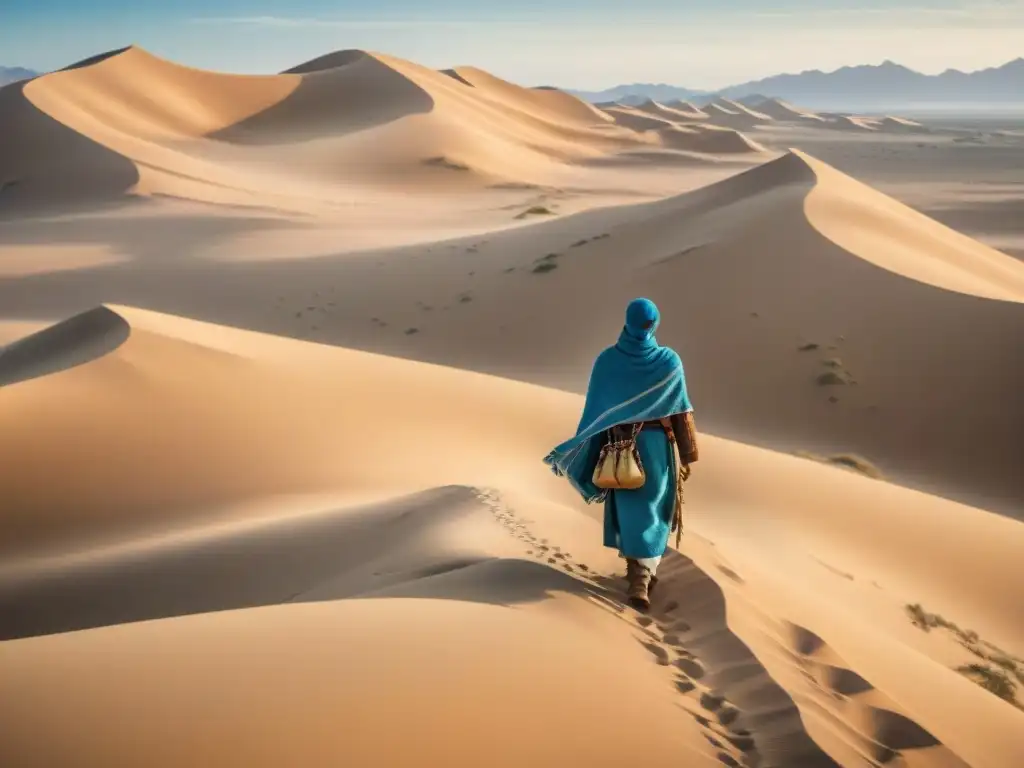 Tribu nómada en desierto: arte del engaño con vestimenta tradicional, dagas y binoculares, bajo cielo azul