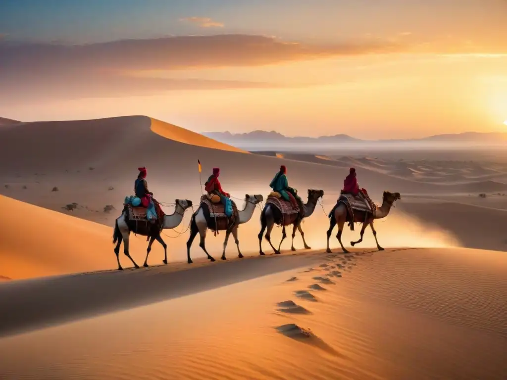 Una tribu nómada atraviesa el desierto al atardecer, con tiendas, camellos y vestimenta tradicional, evocando historia y cultura ancestral