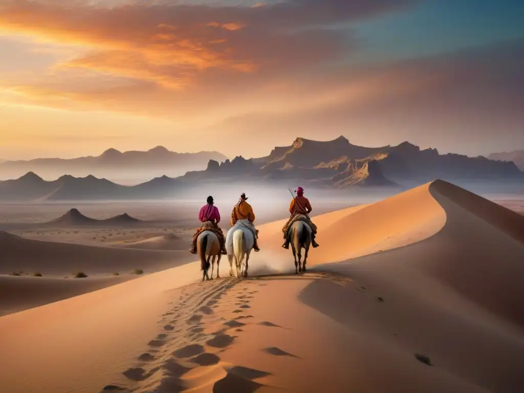 Una tribu nómada avanza en el desierto al atardecer, evolución militar en paisaje dorado