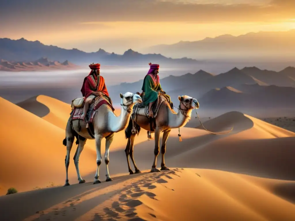 Viaje épico de tribu nómada en desierto al atardecer Tribu nómada en desierto al atardecer, conservación cultural tribus nómadas