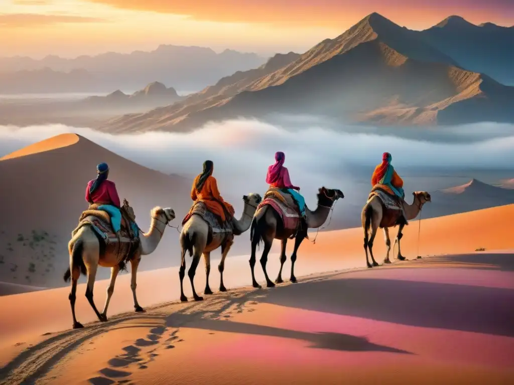 Una tribu nómada viajando por el desierto al atardecer, gestión de ansiedad en la travesía