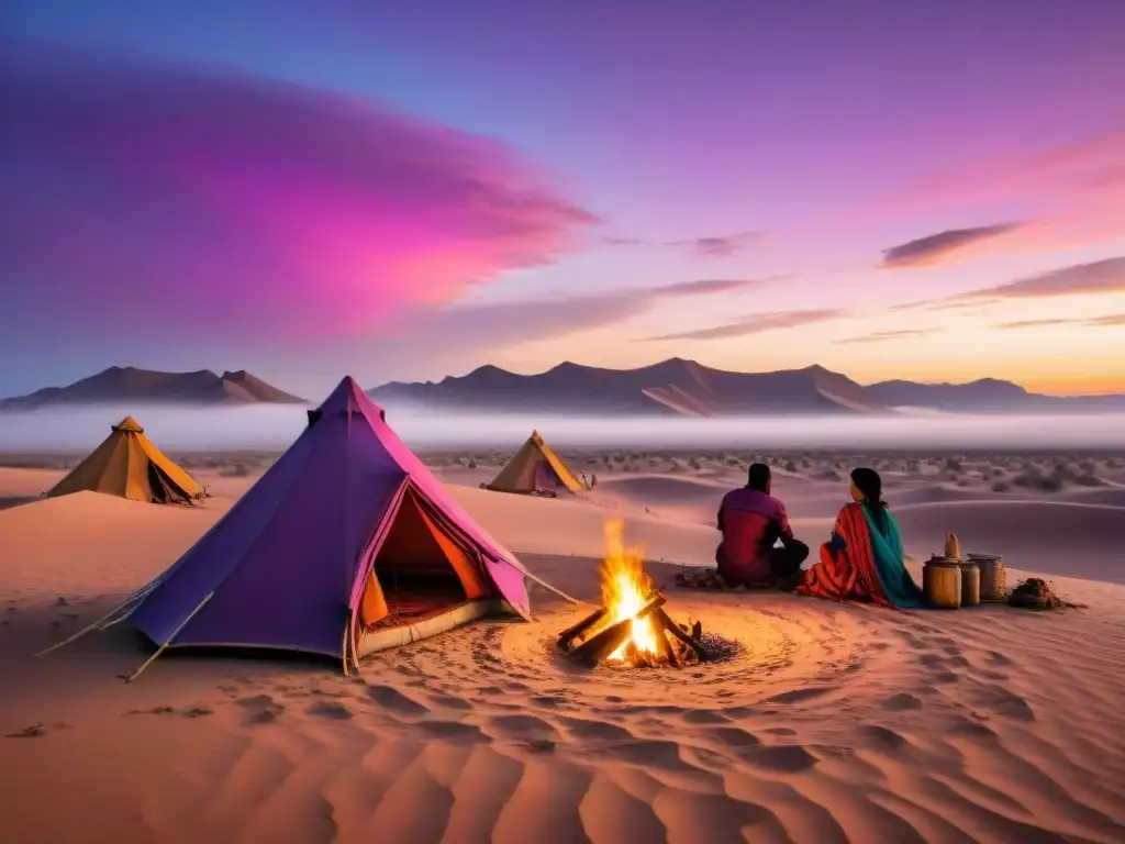 Tribu nómada en desierto al atardecer, con estrategias de supervivencia en campamento tradicional