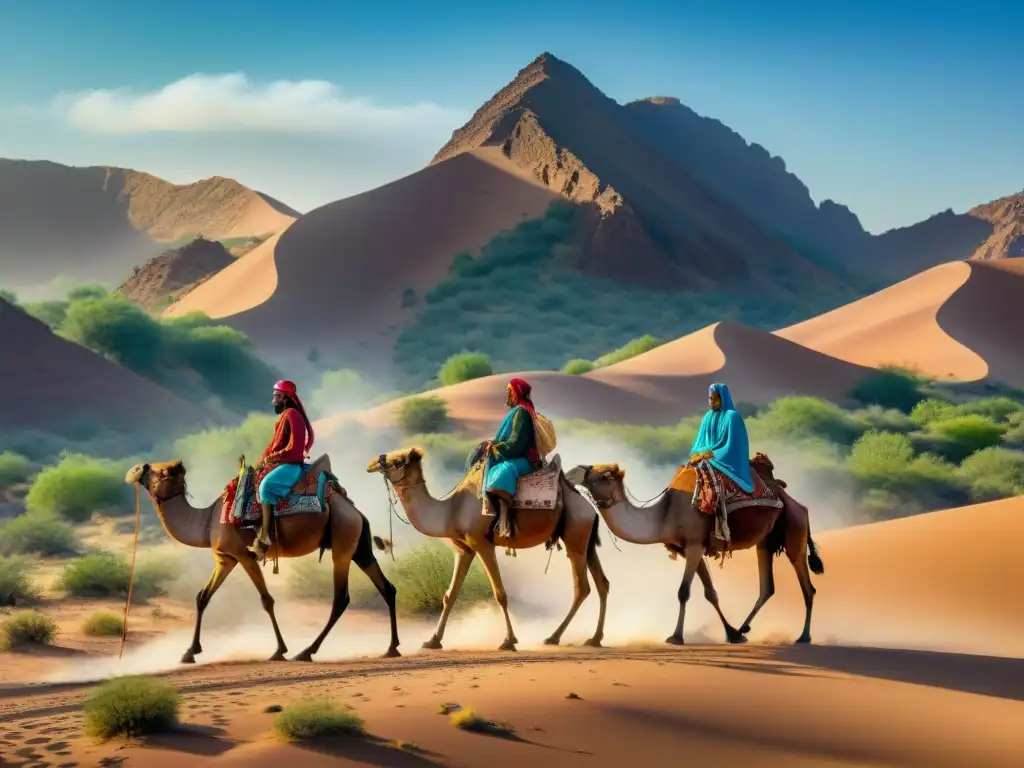 Tribu nómada cruzando desierto en camello bajo sol abrasador