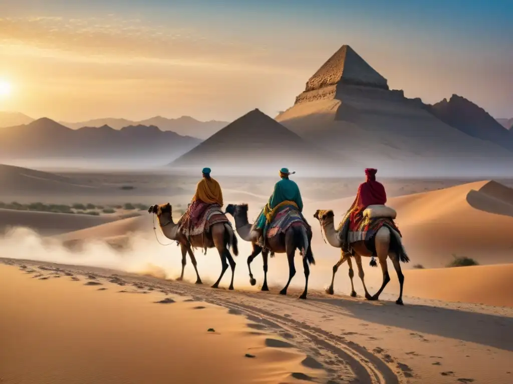 Tribu nómada cruzando el desierto con camellos y tiendas ornamentadas al atardecer, reflejando la historia y cultura de un legado ancestral