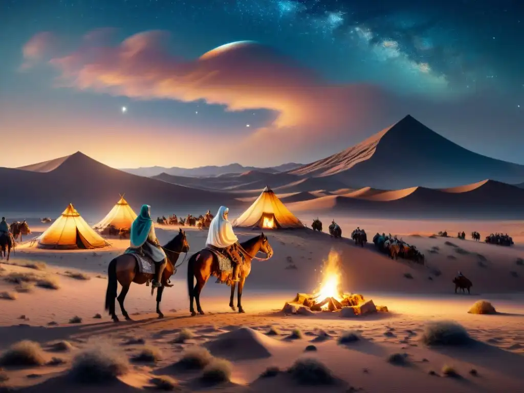 Una tribu nómada en el desierto, campamento iluminado por fogatas, con una pantalla de ordenador mostrando simulaciones estratégicas