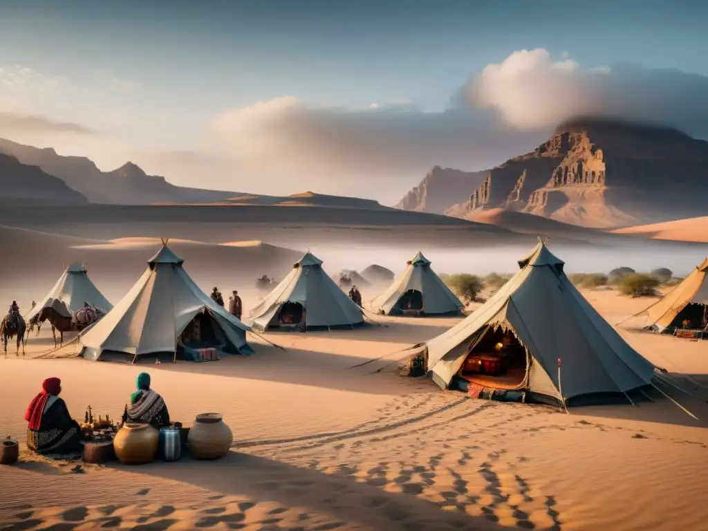 Tribu nómada en el desierto, campamento tradicional, historia y cultura en su legado