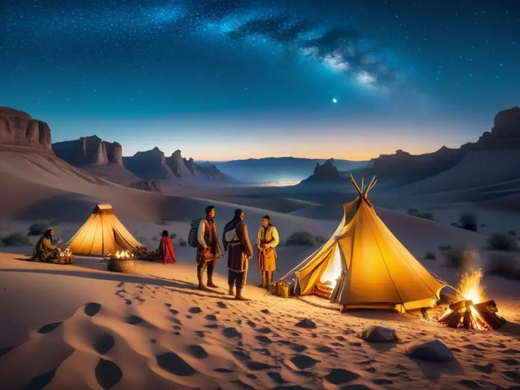 Tribu nómada en el desierto bajo un cielo estrellado, mostrando la espiritualidad de tribus nómadas