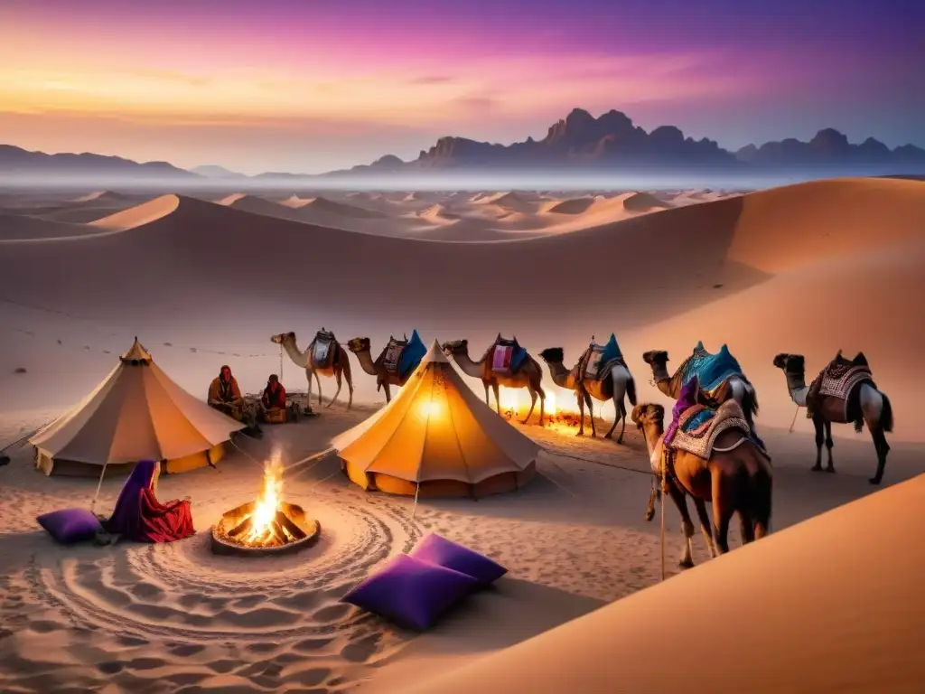 Tribu nómada en desierto dorado al atardecer, campamento con tiendas tradicionales y animales, reunión alrededor de fogata