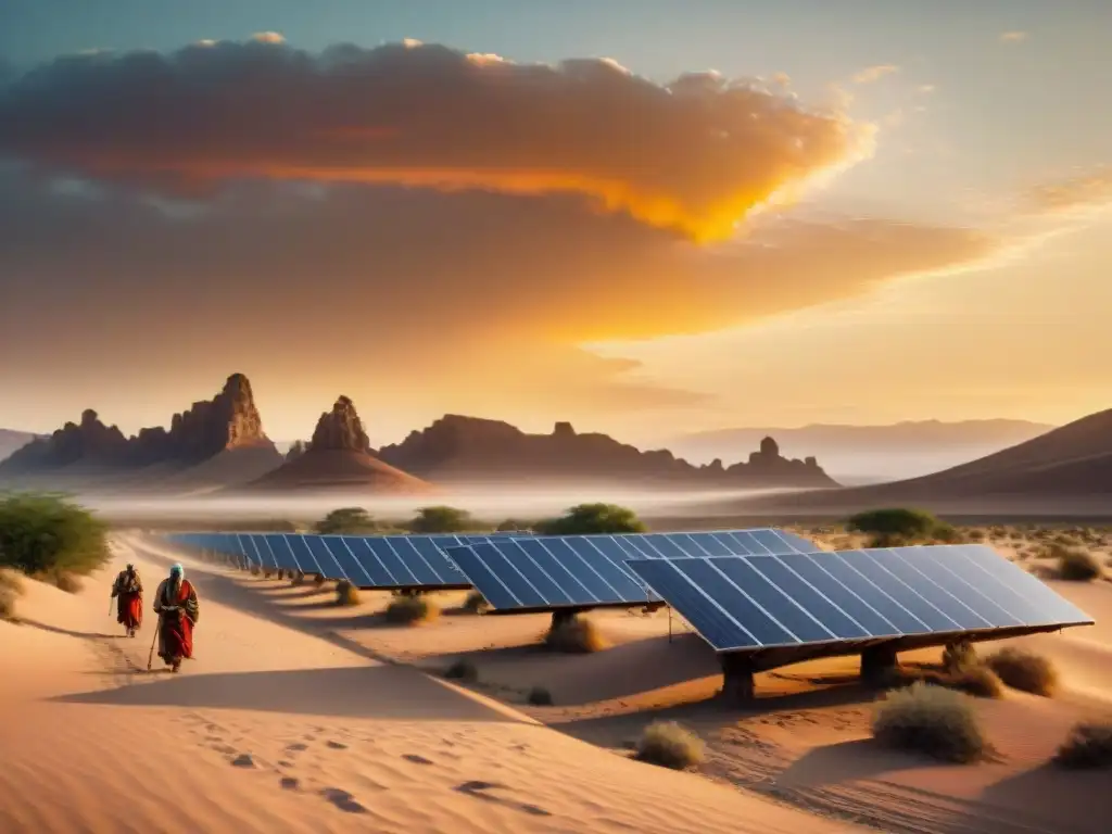 Una tribu nómada en el desierto implementando energías renovables en vida nómada con paneles solares sostenibles al atardecer