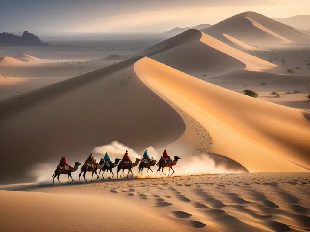 Una tribu nómada atraviesa el desierto en una escena de determinación y elegancia, reflejando la historia de las tribus nómadas