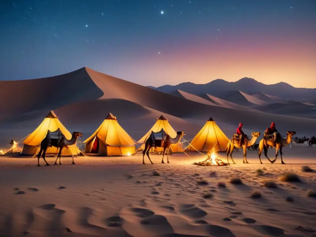 Tribu nómada viajando en desierto estrellado, con campamentos iluminados y camellos descansando