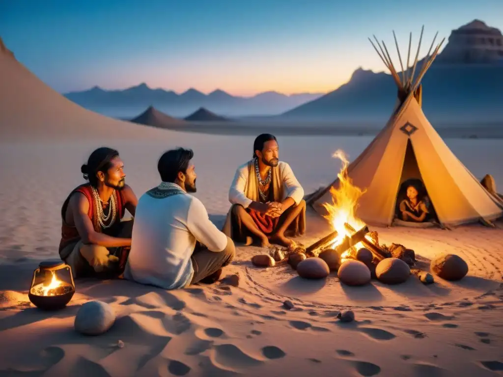 Tribu nómada en desierto estrellado, con joyas cerámica y esculturas, reunida alrededor de fogata