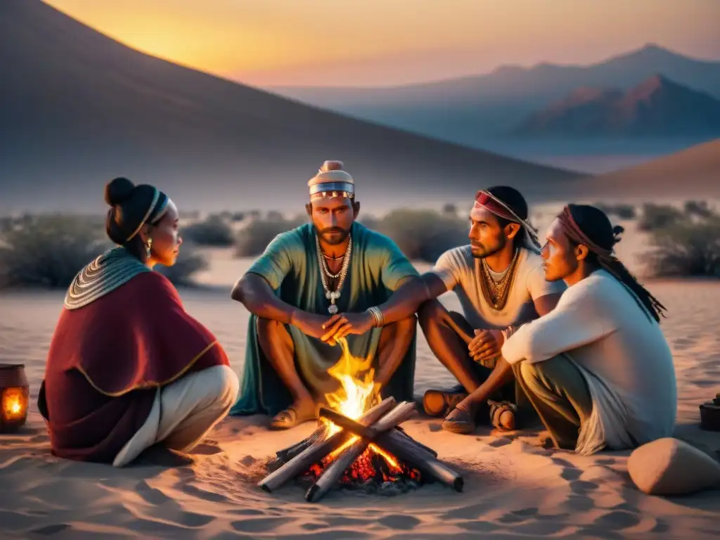 Una tribu nómada se reúne en el desierto alrededor de una fogata, escuchando historias en una noche iluminada por la luna