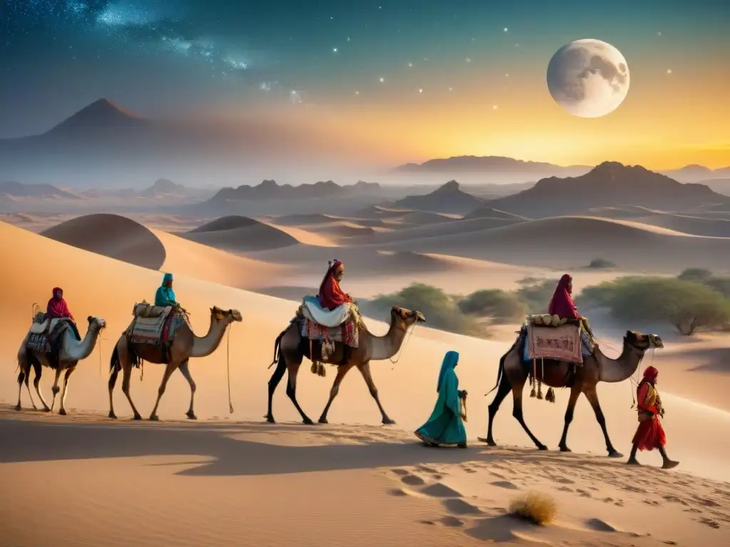 Una tribu nómada atraviesa el desierto en una ilustración detallada, con tiendas y camellos bajo la luna llena